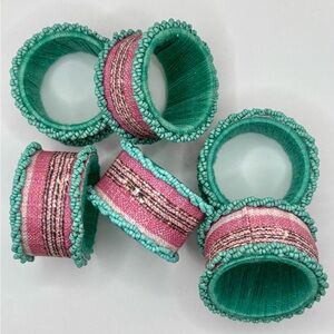 Set 6 The Spring Shop Beaded Napkin Rings Striped Fabric Easter Pink Turquoise